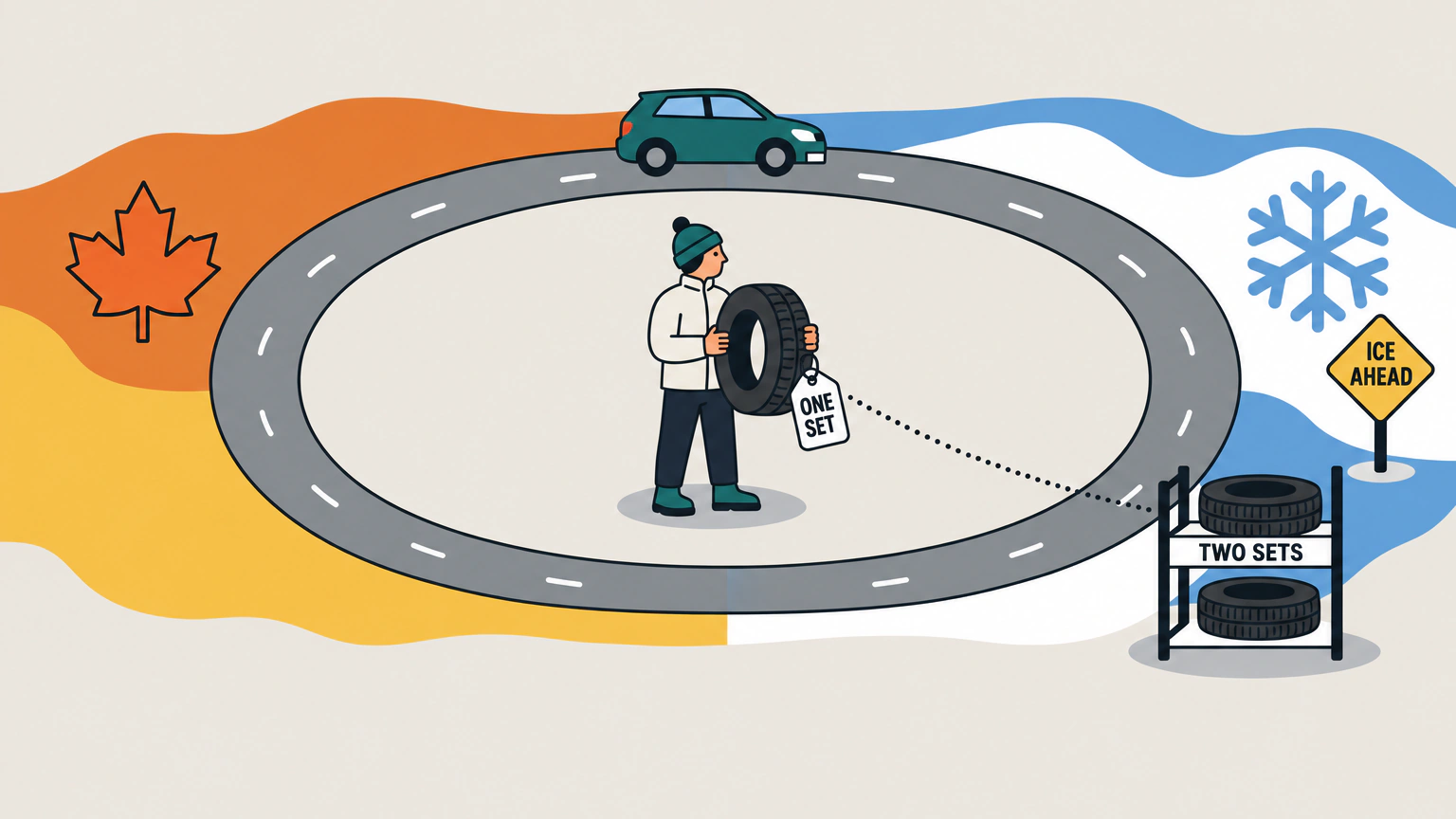 A driver stands inside a looping road that runs from autumn into snow, holding one tire and weighing it against a second set on a rack, near an ice warning sign.
