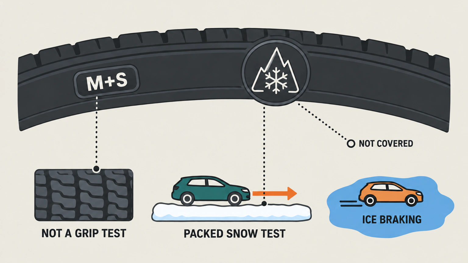 A tire sidewall with two markings: M+S leads to a plain tread pattern and no grip test, the mountain snowflake leads to a straight-line test on packed snow, and a broken line shows that neither covers braking on ice.
