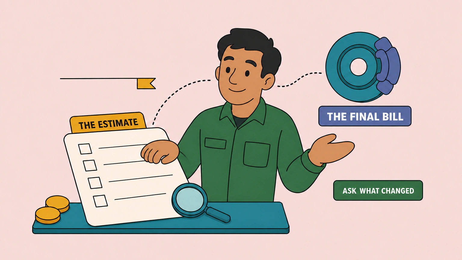 Flat vector illustration of a service advisor behind a counter, one hand resting on a large repair estimate card labelled THE ESTIMATE, the other hand open in explanation, with a brake rotor and caliper drawn as a diagram labelled THE FINAL BILL and a note reading ASK WHAT CHANGED.