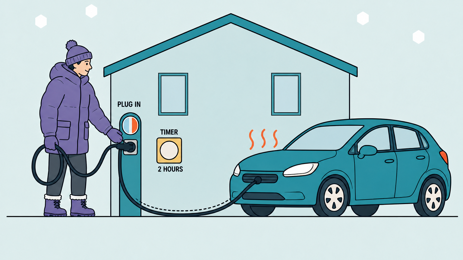 Flat illustration of a person in a parka and toque holding a looped power cord beside an outdoor outlet post with a timer, plugging in a small hatchback on a snowy driveway, with warmth arcs rising from the hood.