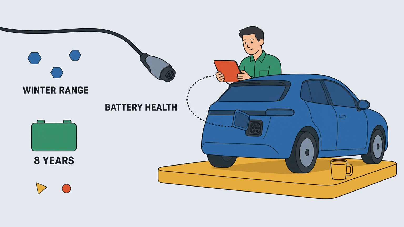 Flat vector illustration of an electric car on a short raised pad with its charge port open, a charging connector curving down from the upper left, and a technician holding a blank handheld reader, with snowflakes, a floating battery module and the labels BATTERY HEALTH, WINTER RANGE and 8 YEARS.