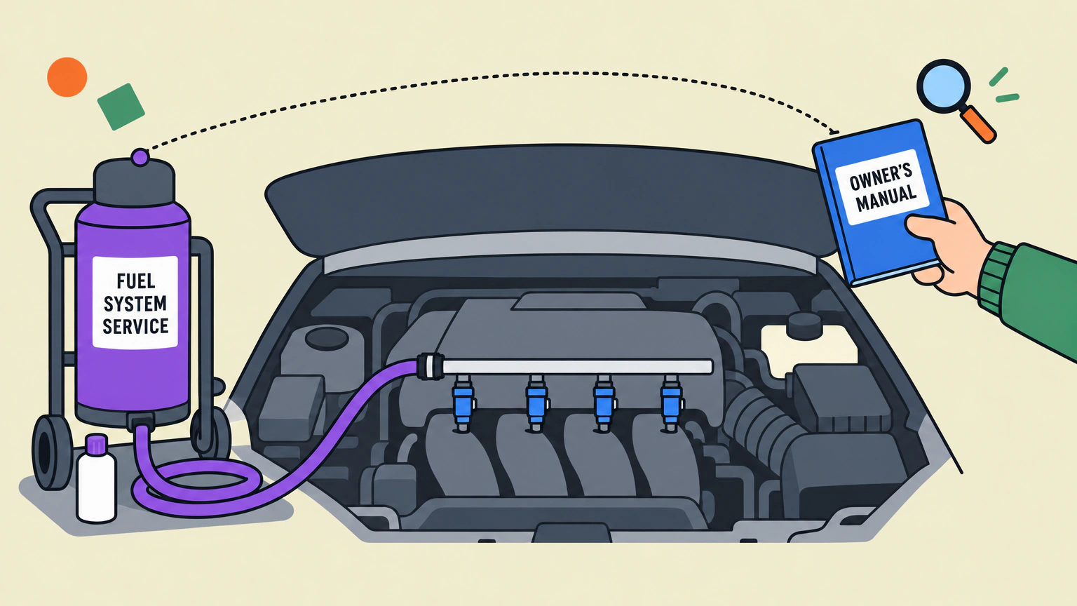 An open engine bay with a cleaning machine's hose clipped to the fuel rail, and a driver's hand holding up the owner's manual beside it.