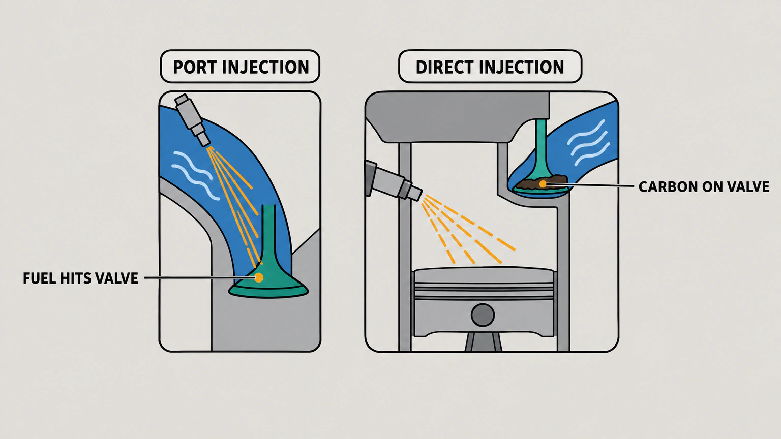 Two cut-away drawings: in a port-injected engine the injector sprays onto the intake valve and keeps it clean, while in a direct-injection engine the injector sprays into the cylinder and carbon builds up on the intake valve.