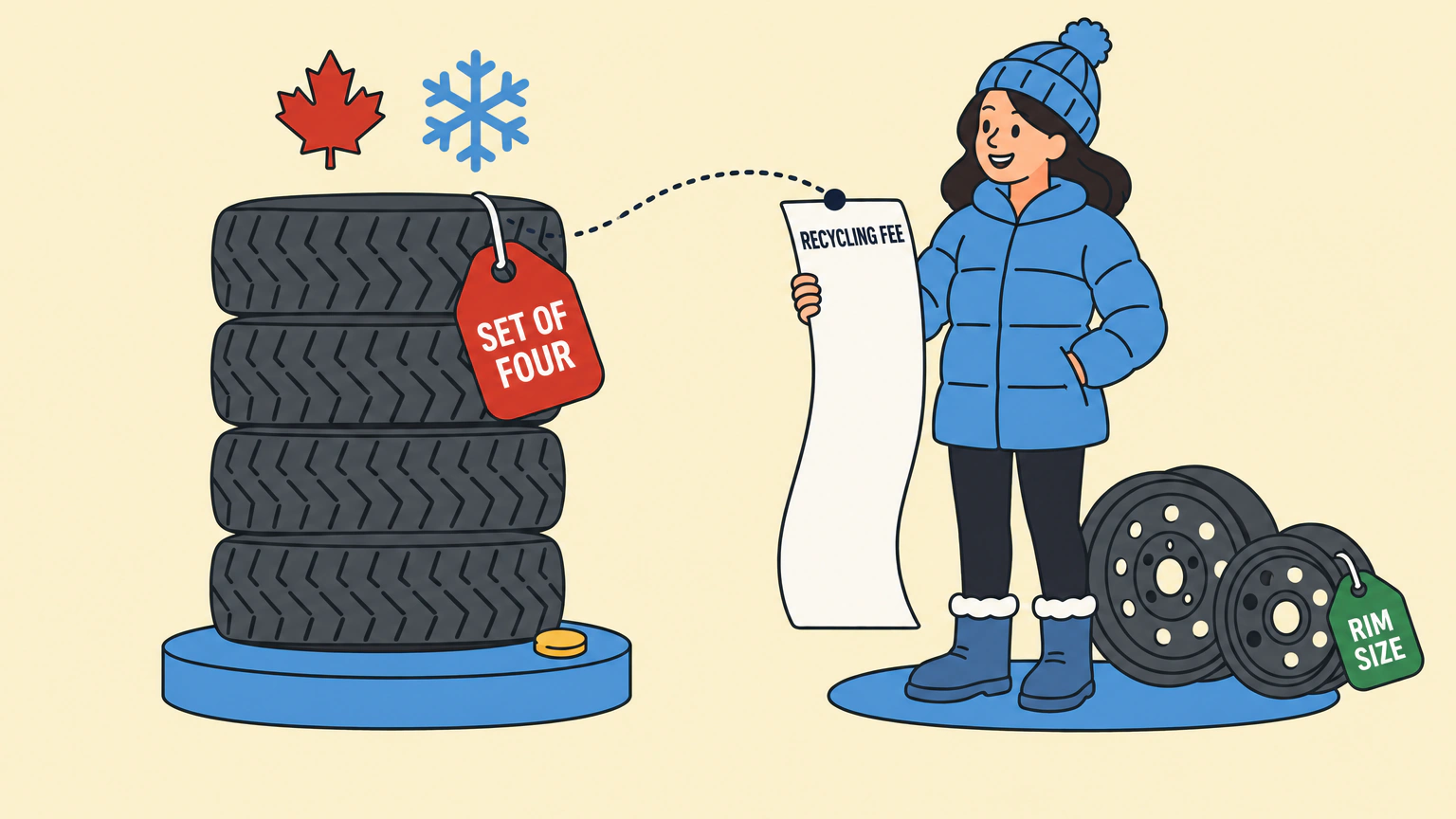 Flat illustration of four winter tires stacked on a round blue plinth, with a red price tag reading SET OF FOUR hanging from the top tire. A dotted line joins the tag to a long receipt headed RECYCLING FEE, held by a smiling shopper in a blue winter jacket and toque. Two steel wheels of different sizes lean together at her feet, and the smaller one carries a green tag reading RIM SIZE. A red maple leaf and a blue snowflake sit above the tires.