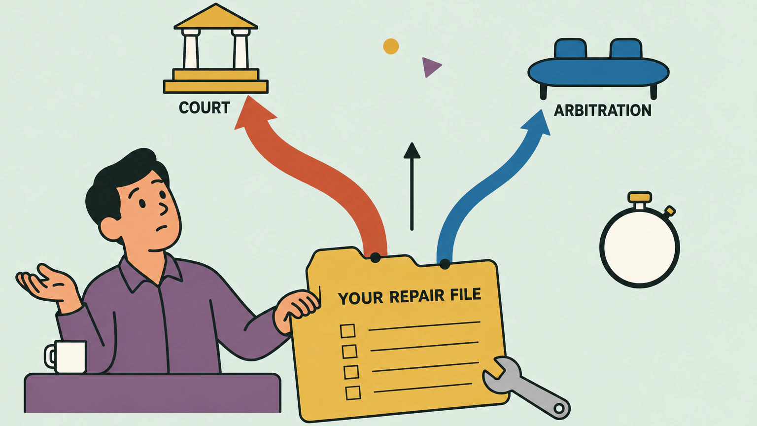A flat illustration of a worried driver behind a short desk, one hand resting on a large folder labelled YOUR REPAIR FILE. Two paths rise from the folder. The left path leads to a columned civic building labelled COURT. The right path leads to a meeting table labelled ARBITRATION. A small one-way arrow sits beside the fork without blocking either path. A wrench rests against the corner of the folder.