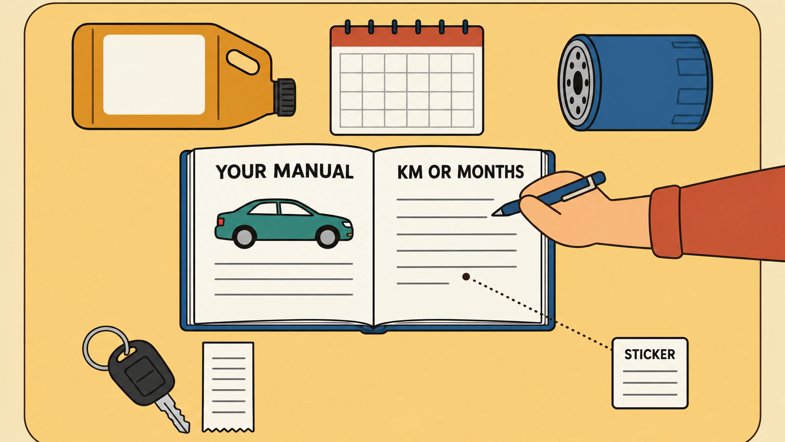Flat-lay illustration seen from above: an open owner's manual with pages headed YOUR MANUAL and KM OR MONTHS, a hand writing on it with a pen, and a small card labelled STICKER joined to the manual by a dotted line, with an oil jug, a calendar, an oil filter, a car key and a receipt around it on a honey-coloured table.