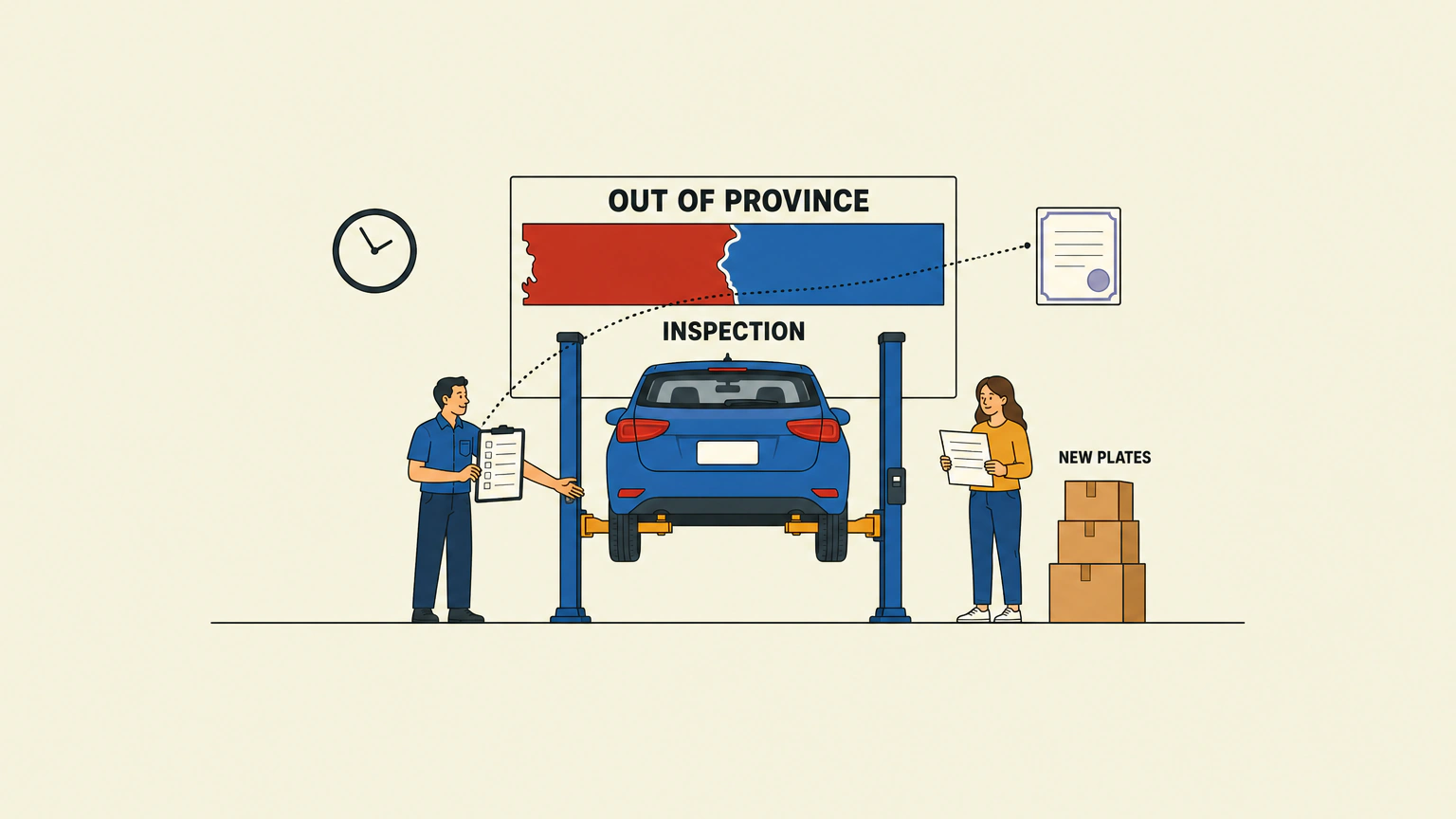 Flat vector illustration of an inspection bay. A hatchback with a blank licence plate is raised on a two-post hoist, a technician on the left holds a clipboard showing an empty tick-box column, and a car owner on the right holds a blank document beside a stack of moving cartons. Behind them a panel shows two adjoining province shapes, with a blank-faced clock and a stamped certificate nearby.