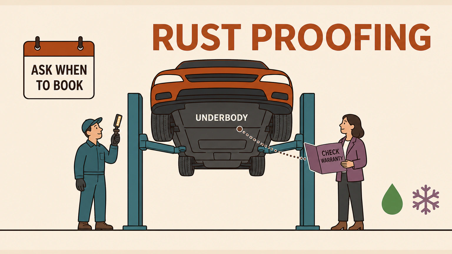 Flat vector illustration of a car on a two-post hoist. A technician checks the underbody while a service advisor holds a booklet labelled CHECK WARRANTY. Other labels read RUST PROOFING, UNDERBODY and ASK WHEN TO BOOK.