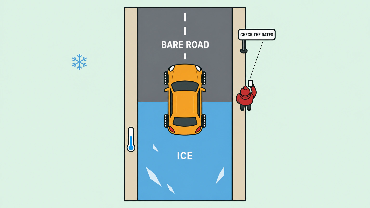 Overhead view of a car with studded tires sitting where an icy stretch of road marked ICE meets bare pavement marked BARE ROAD, while a driver on the shoulder checks a roadside sign reading CHECK THE DATES.
