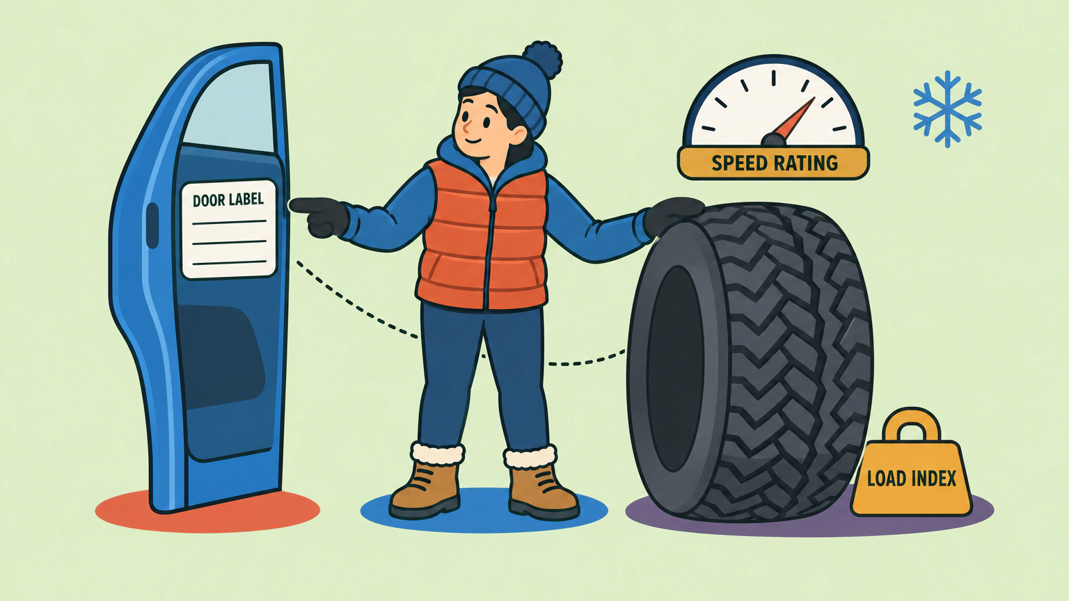 A person in a toque and a quilted vest stands between a car's door pillar and a large upright winter tire, one hand on the tire and the other pointing back at a label plate marked door label, with a weight block marked load index beside the tire and a dial gauge marked speed rating above it.