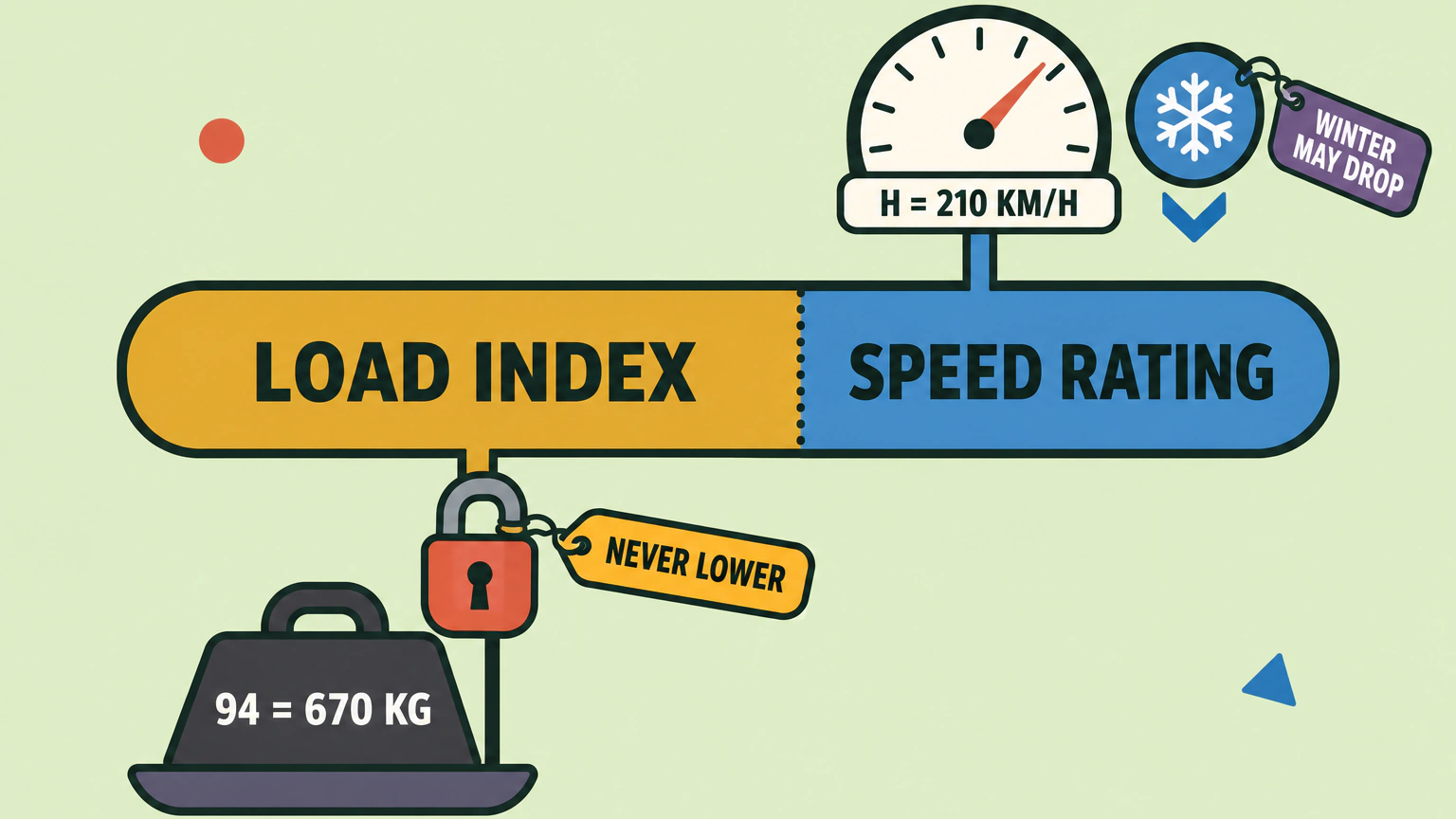 A tire code split in two. The left half, the load index, links to a weight marked 94 equals 670 kilograms and a padlock tagged never lower. The right half, the speed rating, links to a dial marked H equals 210 kilometres an hour and a snowflake tagged winter may drop.
