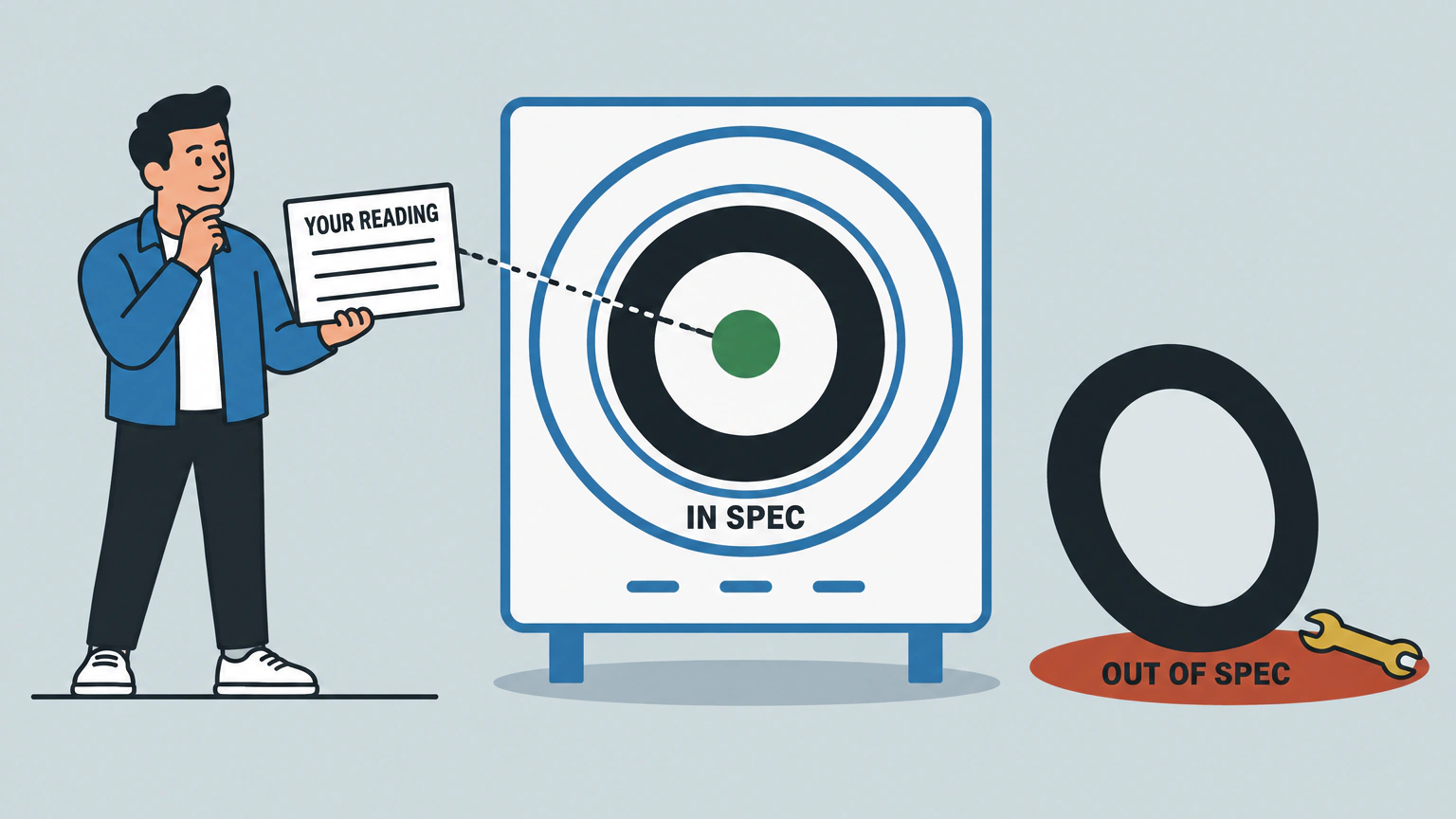 A person on the left holds a ruled card labelled YOUR READING, with a dotted line running to the green centre of a large target panel marked IN SPEC, while a wheel leans over on a red pad marked OUT OF SPEC with a wrench beside it.