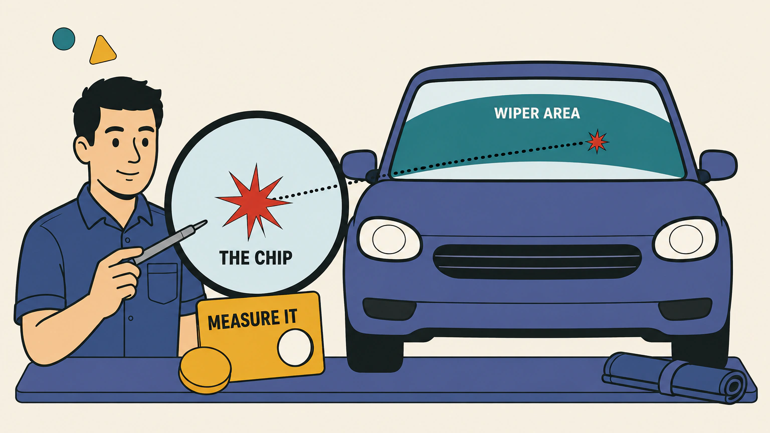 Flat illustration of a car seen head on, with the arc the wipers clear shaded across the windshield and a magnifying lens enlarging a star-shaped chip inside that arc, next to a glass technician holding a repair tool and a measuring gauge card.