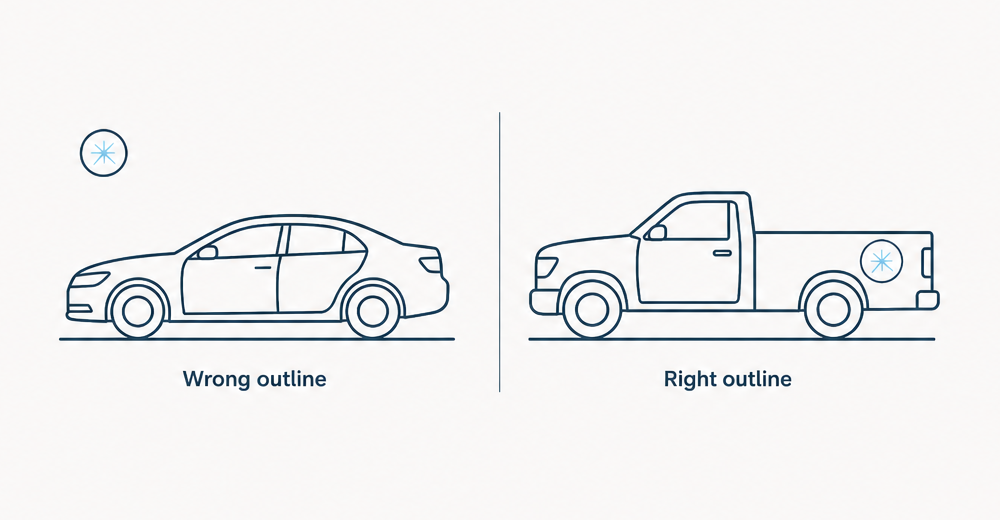 The same circled damage mark drawn twice. With the wrong outline, a sedan, the mark floats in the empty paper beside the body, connected to nothing. With the right outline, a pickup, the identical mark sits squarely on the box side.